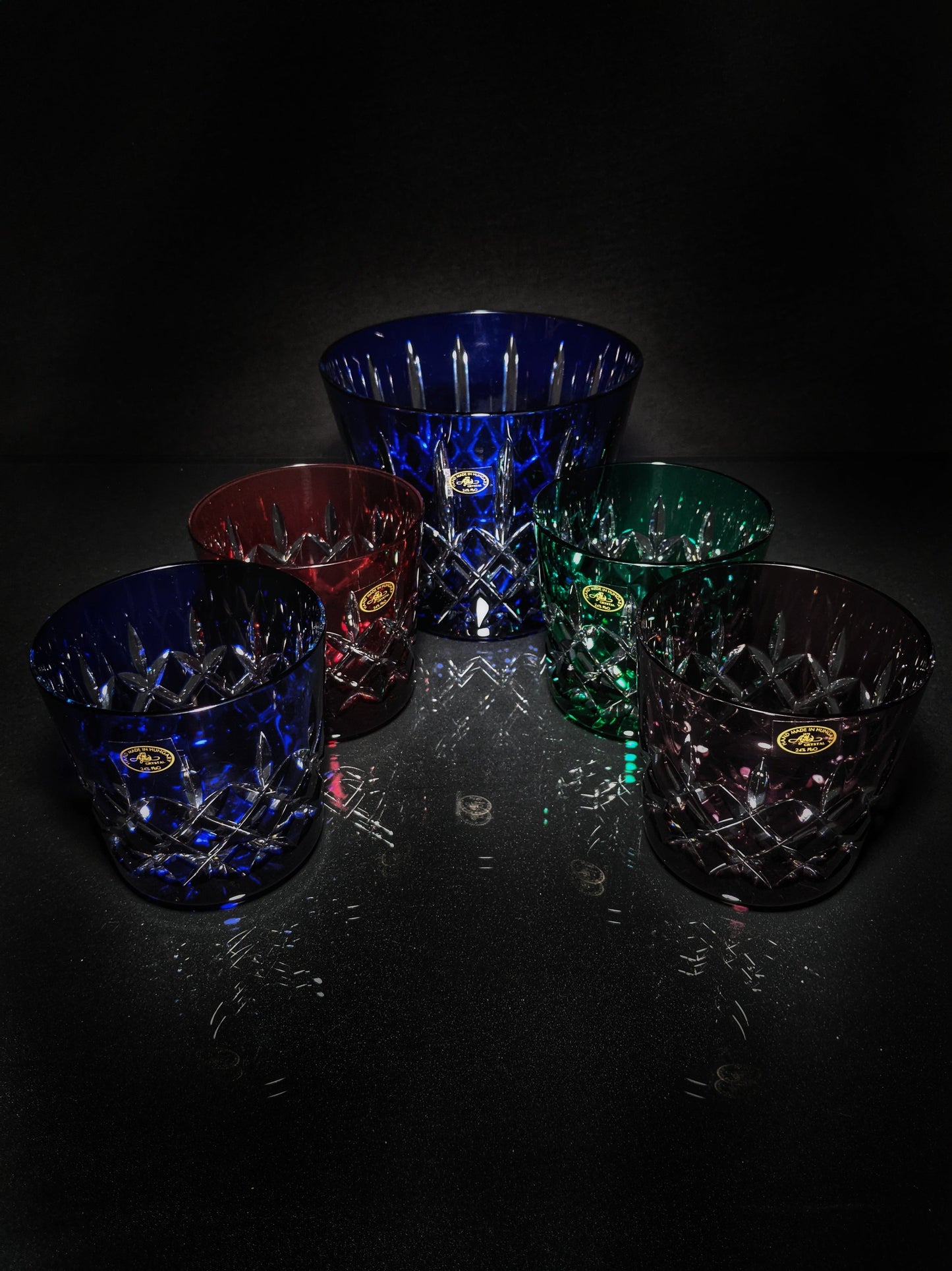 AJKA Colored Crystal Old Fashioned Glassess with Ice Bucket