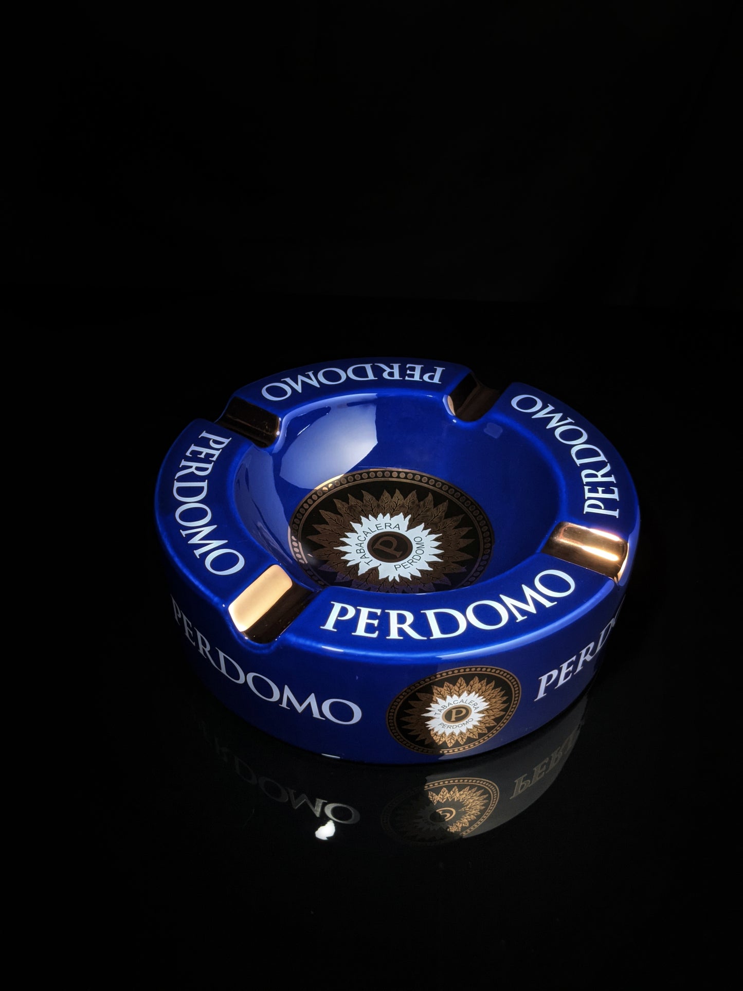 Perdomo Blue and Gold large ceramic ashtray 9" diameter NIB