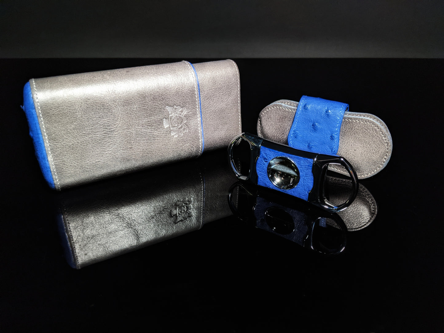 Brizard and Co. Blue Ostrich and Gray Leather Cigar Case and V-Cutter