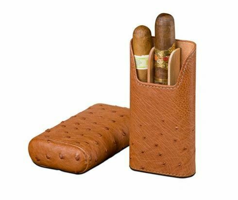 Brizard and Co. - The "Show Band" 3 Cigar Case & Pocket Lighter - Ostrich Tan