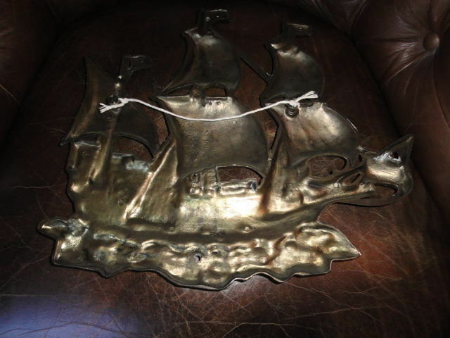 Brass Wall Plaque of Sailing Ship 15 " across by 13.25" H