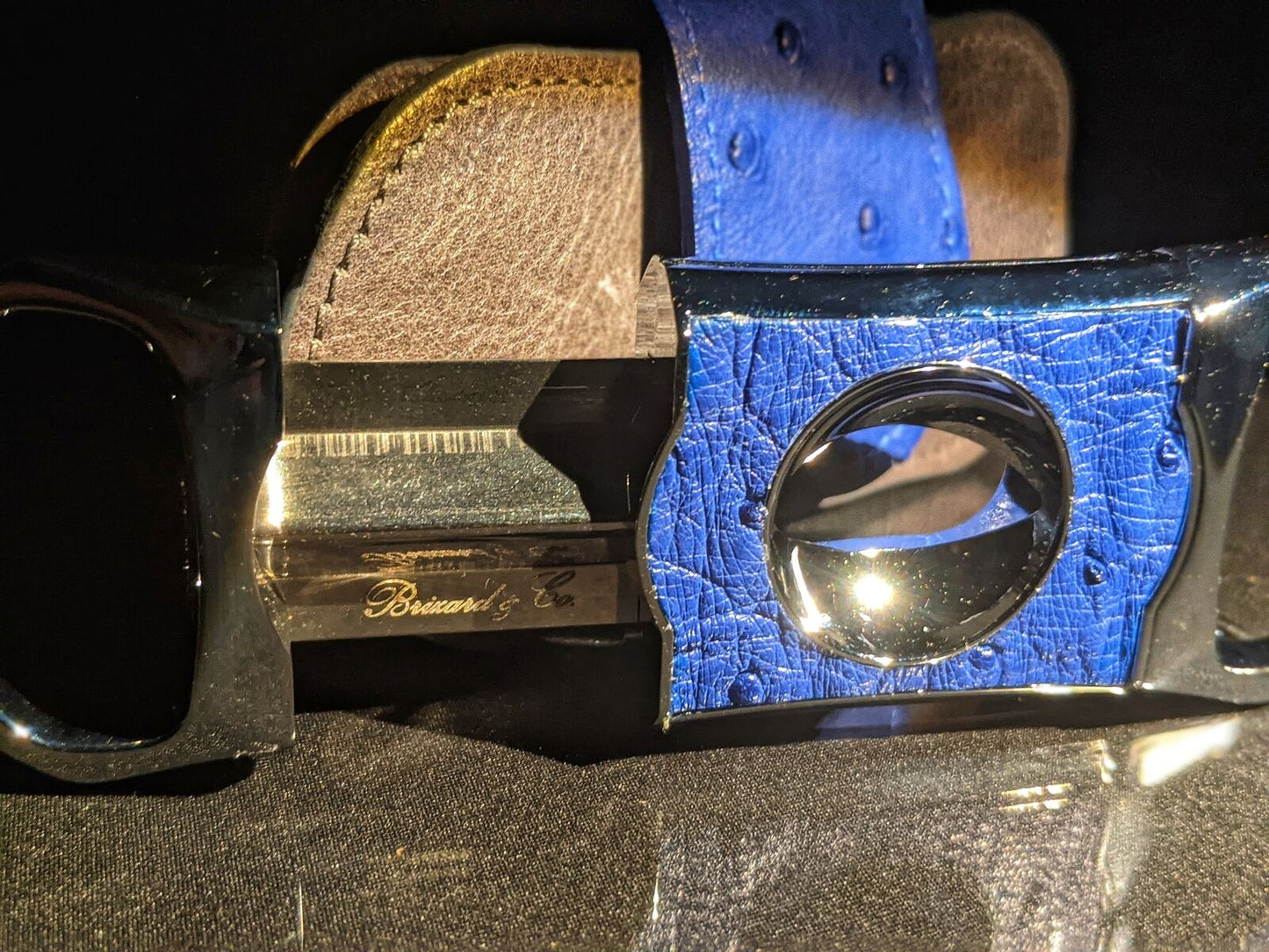Brizard and Co Blue Ostrich and Grey Leather Case, Cutter and Lighter Combo