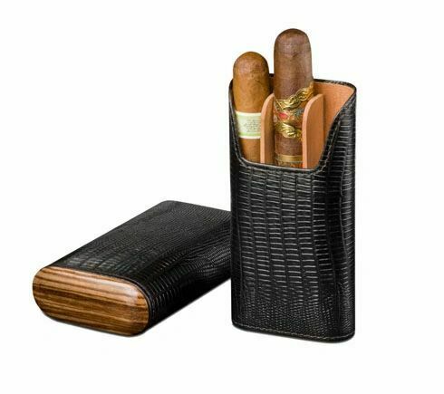 Brizard and Co. - "Show Band" 3 Cigar Case - Lizard Pattern Black and Zebrawood