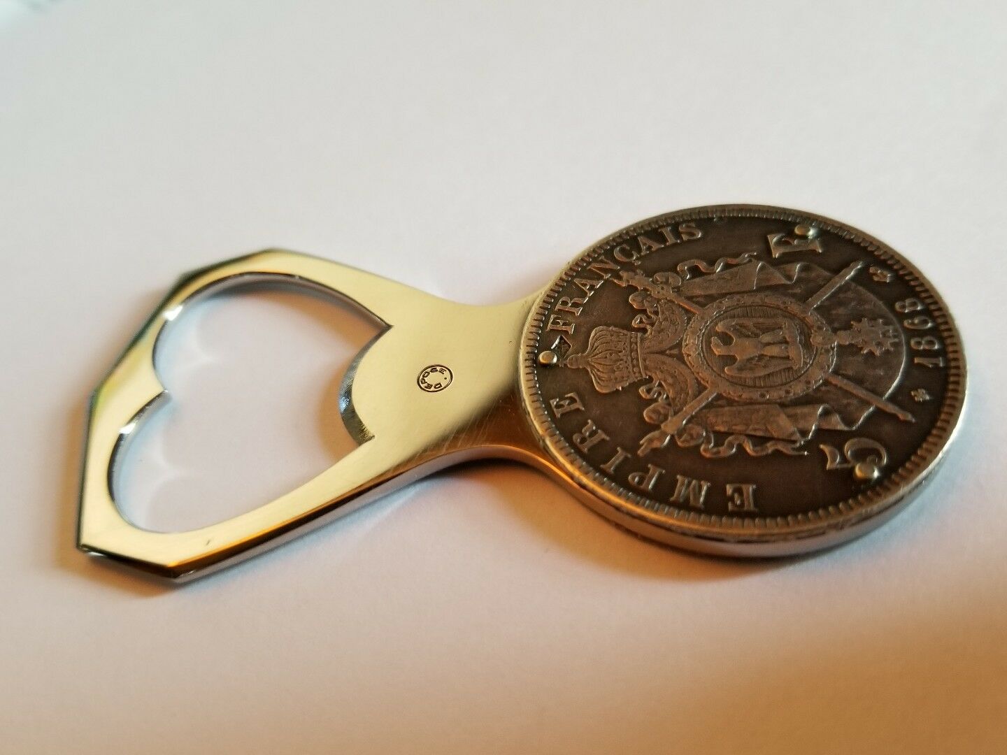 VINTAGE ELOI PERNET FRANCE 5 FRANCS 1868 NAPOLÉON III SILVER COIN BOTTLE OPENER