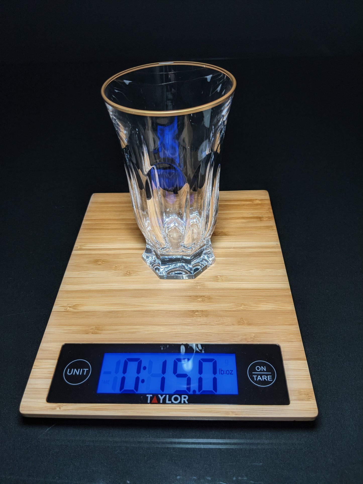 Faberge Crystal Aurora Highball Glasses with gold painted rim set of 4 NIB