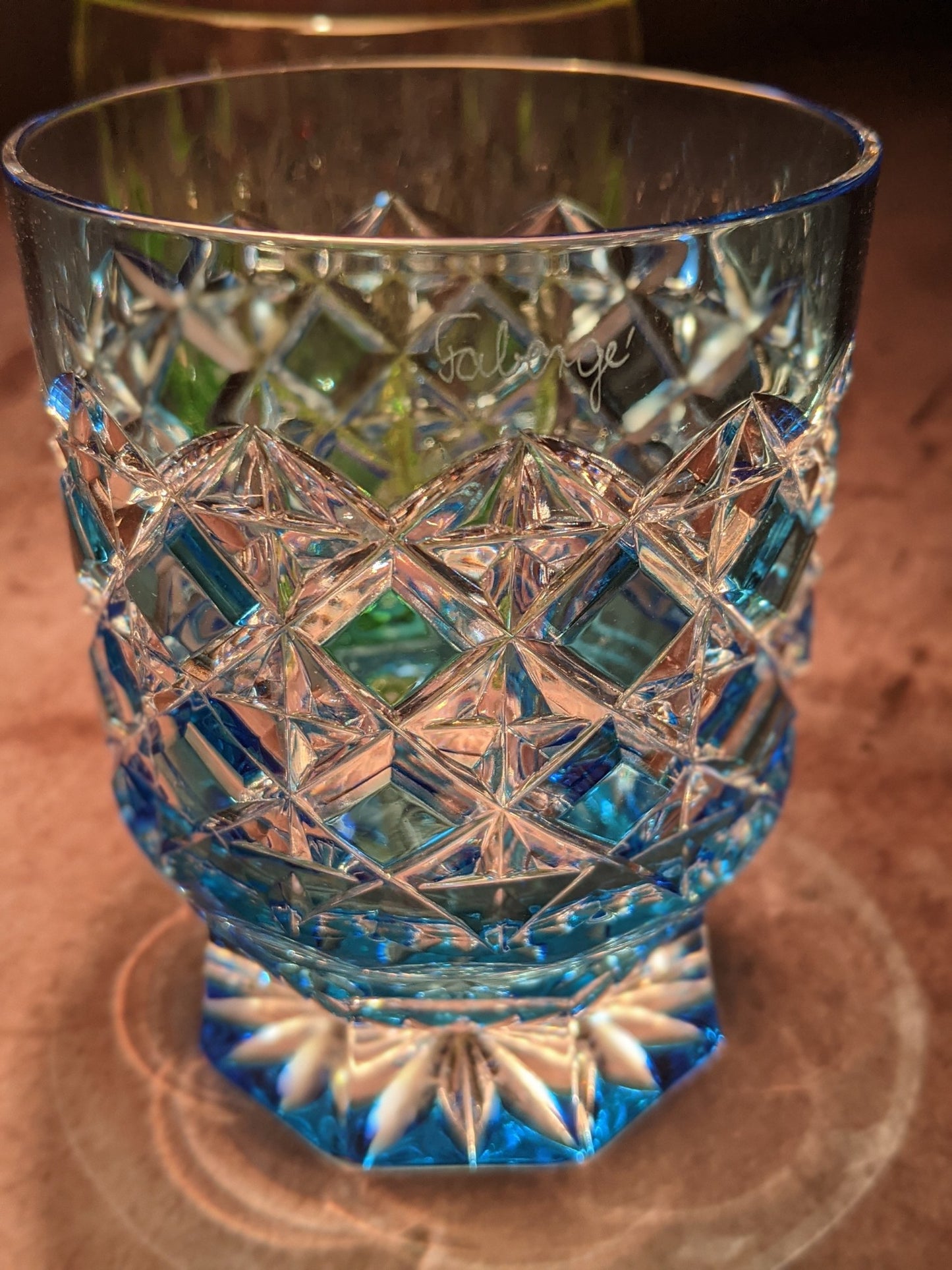 Faberge Crystal Colored Whiskey Glasses Set of 4 NIB