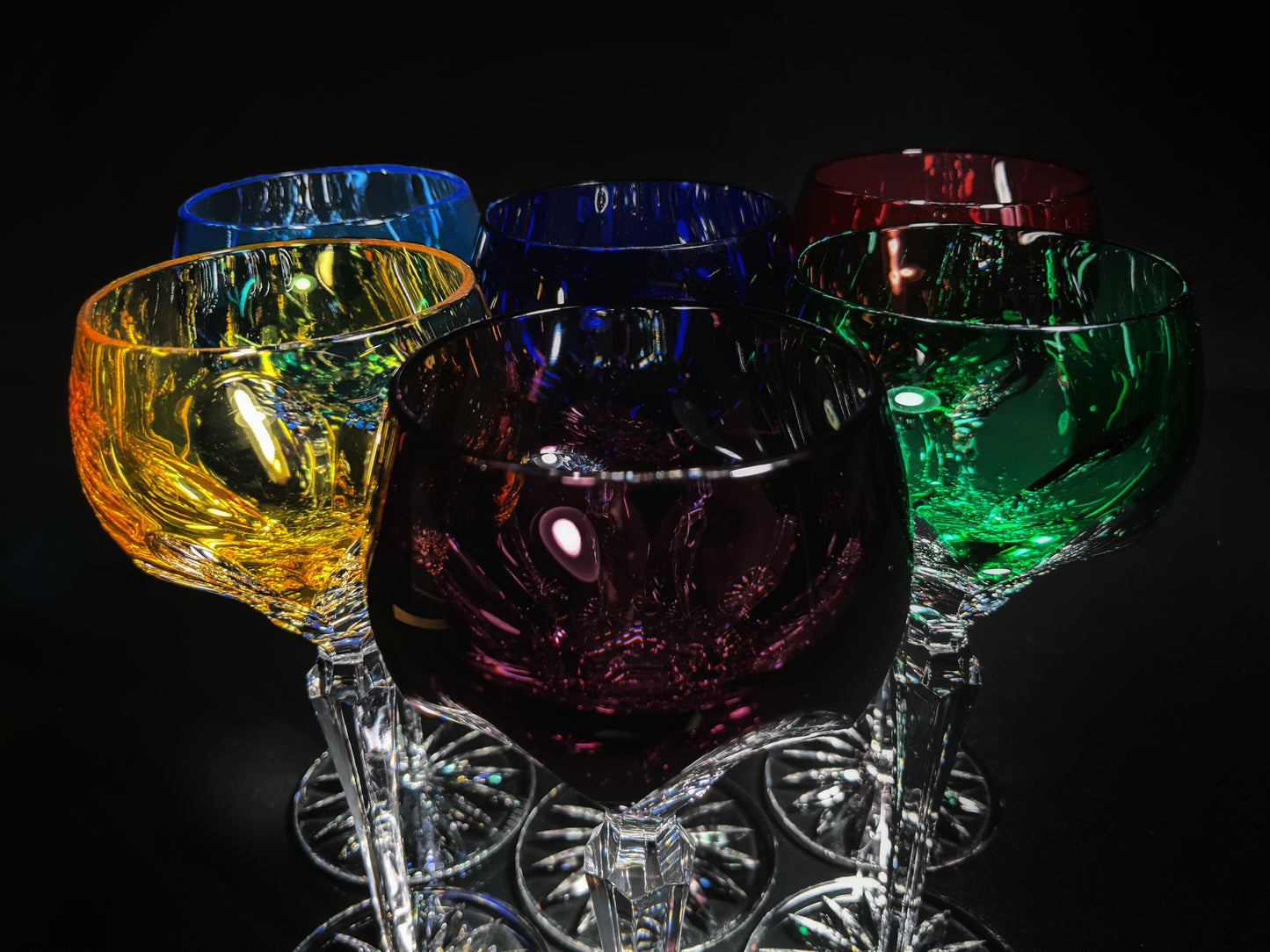 Faberge Colored Crystal Lausanne Hock Glasses. 8 1/2" H x 3 1/4" W