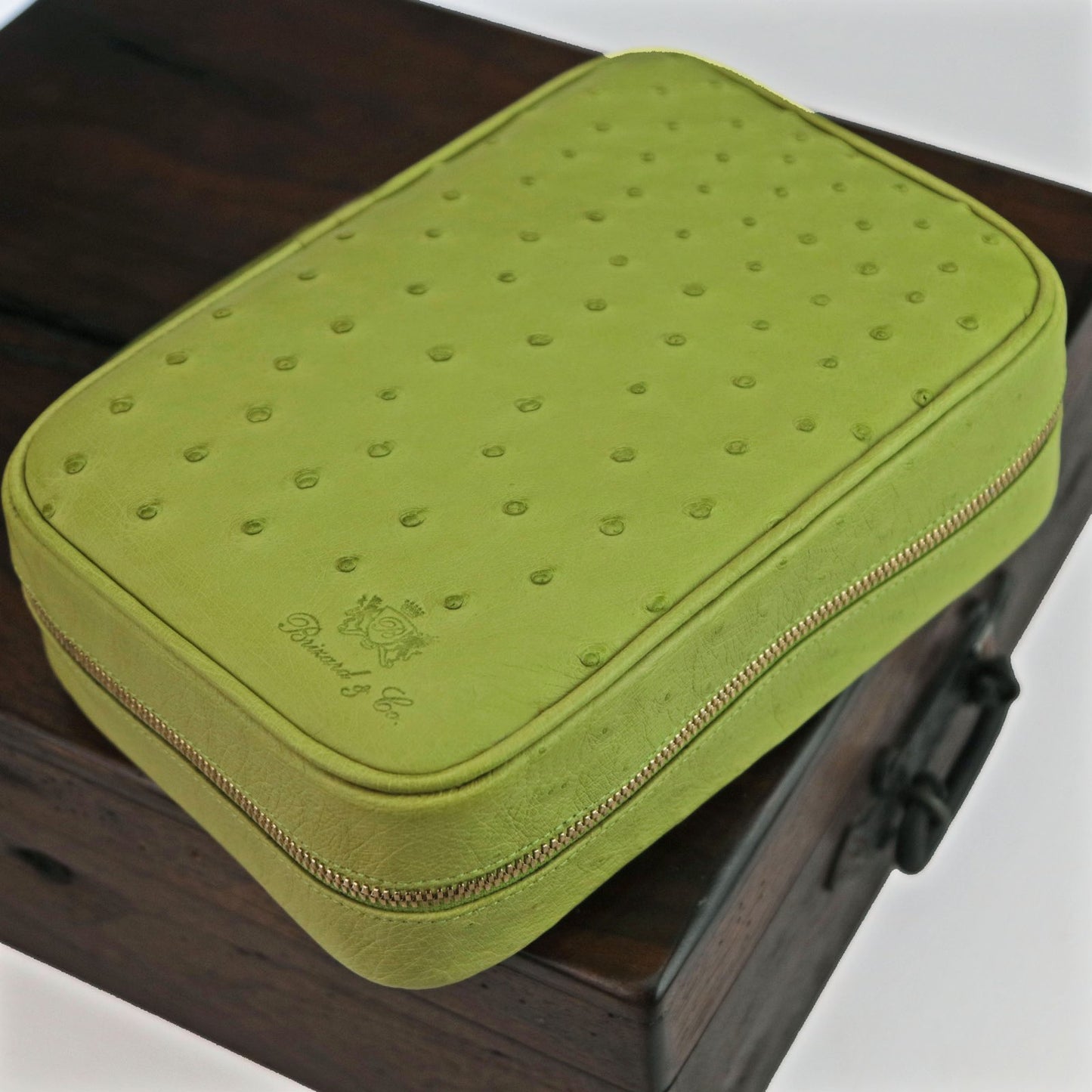 Havana Traveler in Genuine Ostrich Matcha Green with cutter and lighter