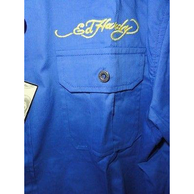 Ed Hardy by Christian Anligier Handmade Embroidered Large Shirt in Blue