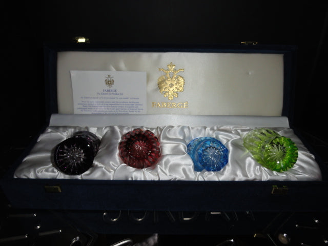 Fabergé Crystal Multicolored Shot Glasses NIB — Black, Red, Blue & Green Set of 4