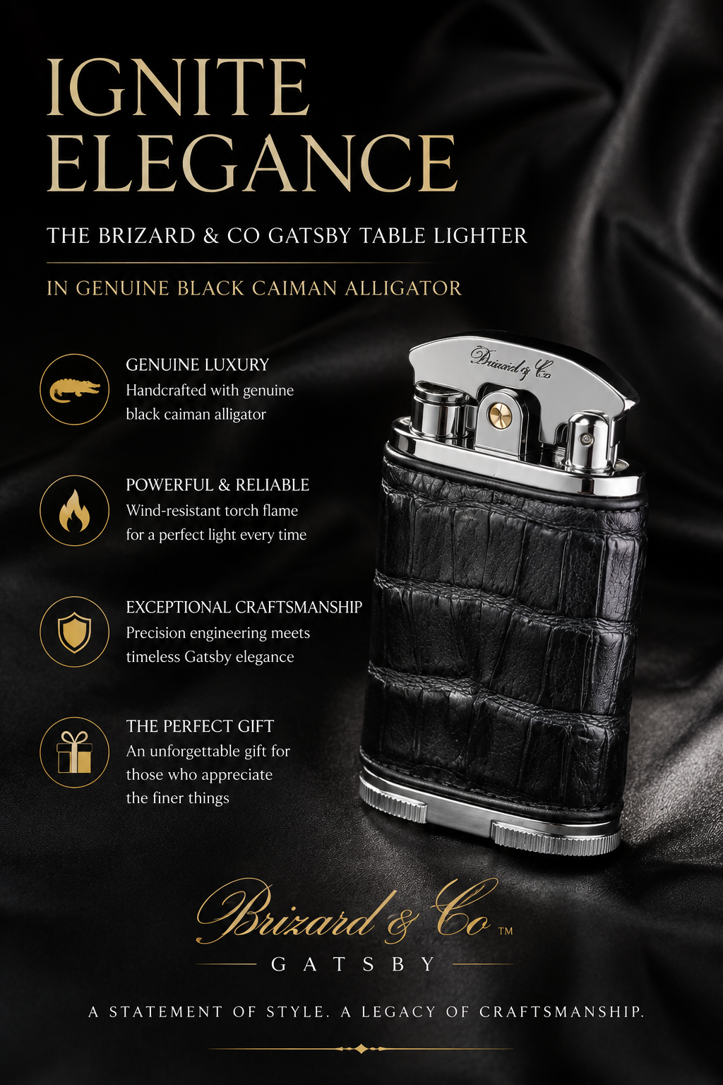 Brizard and Co. Gatsby Table Lighter — Black Caiman, New in Box
