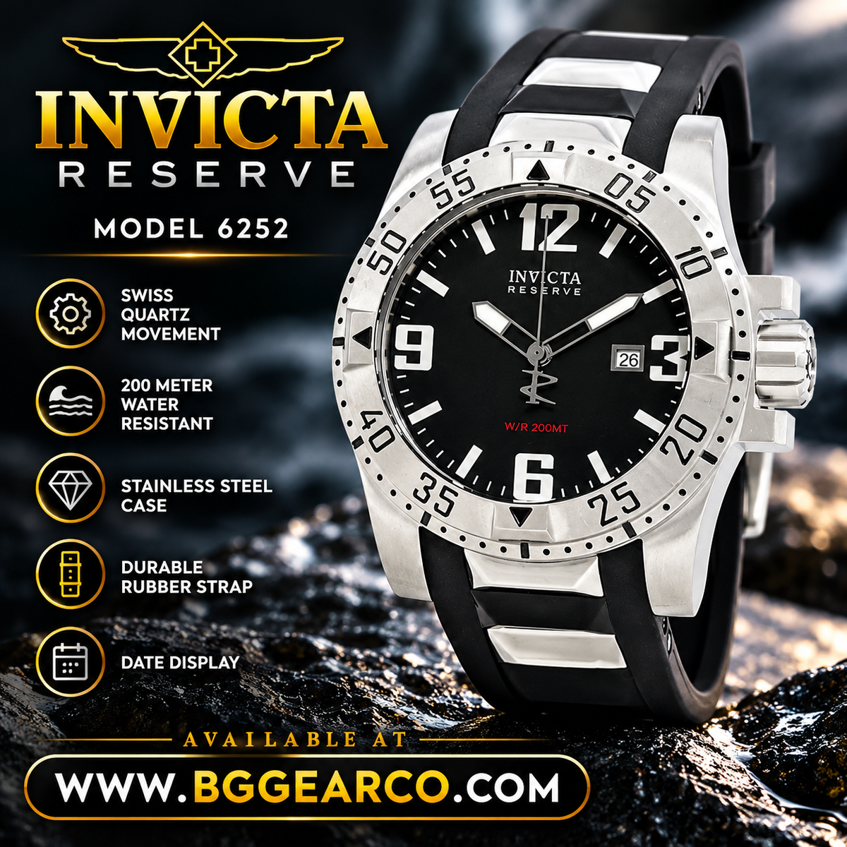 Invicta Stainless Steel Reserve Excursion Black Rubber Strap 6252 NIB