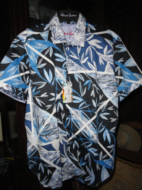 Robert Graham Blue Palm Short Sleeve Shirt Size 2XL NWTS