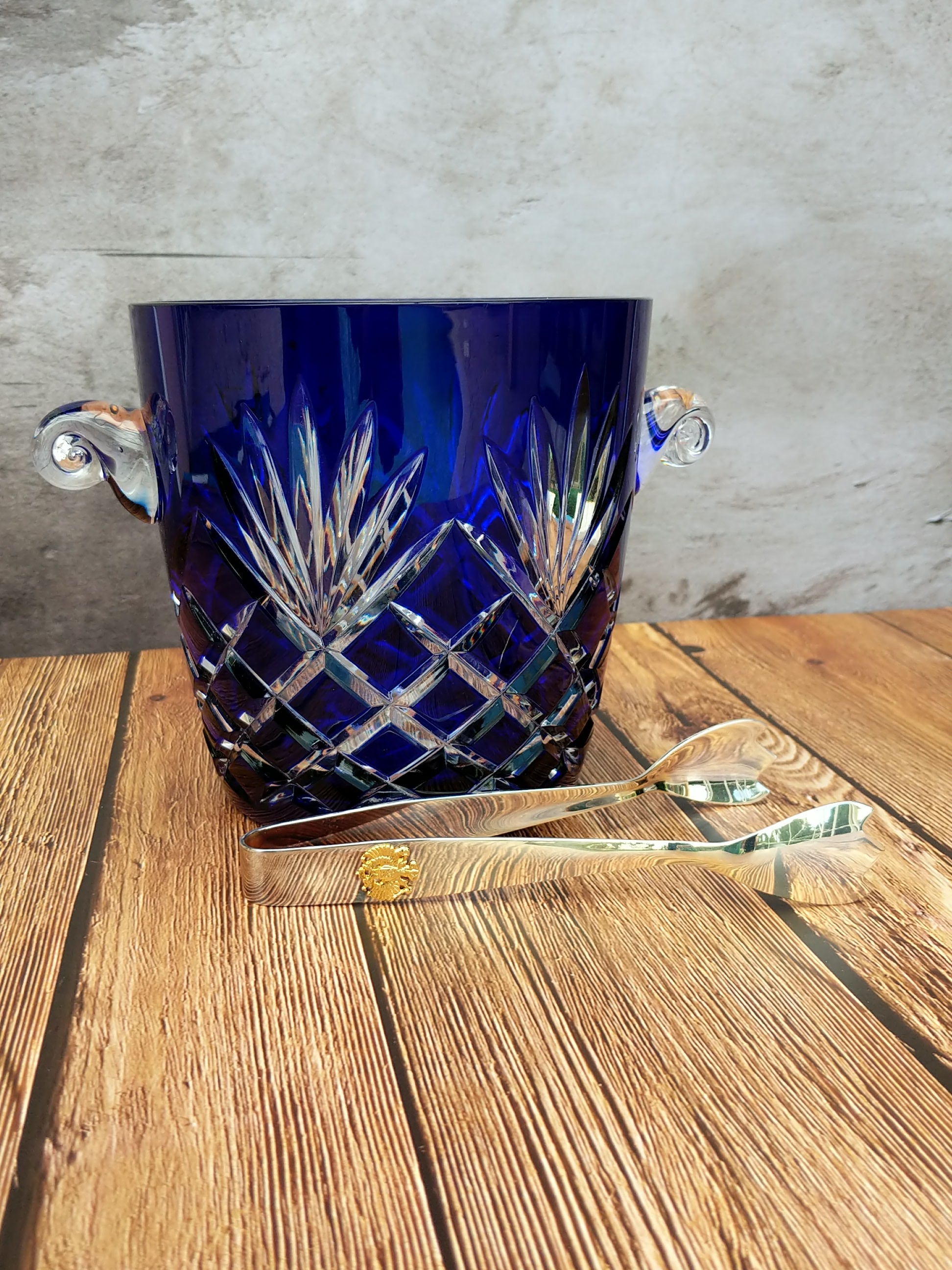Faberge Odessa Cobalt Blue Cased Cut to Clear Crystal Ice Bucket