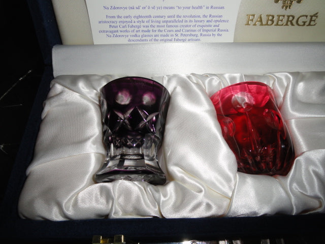 Fabergé Crystal Multicolored Shot Glasses NIB — Black, Red, Blue & Green Set of 4