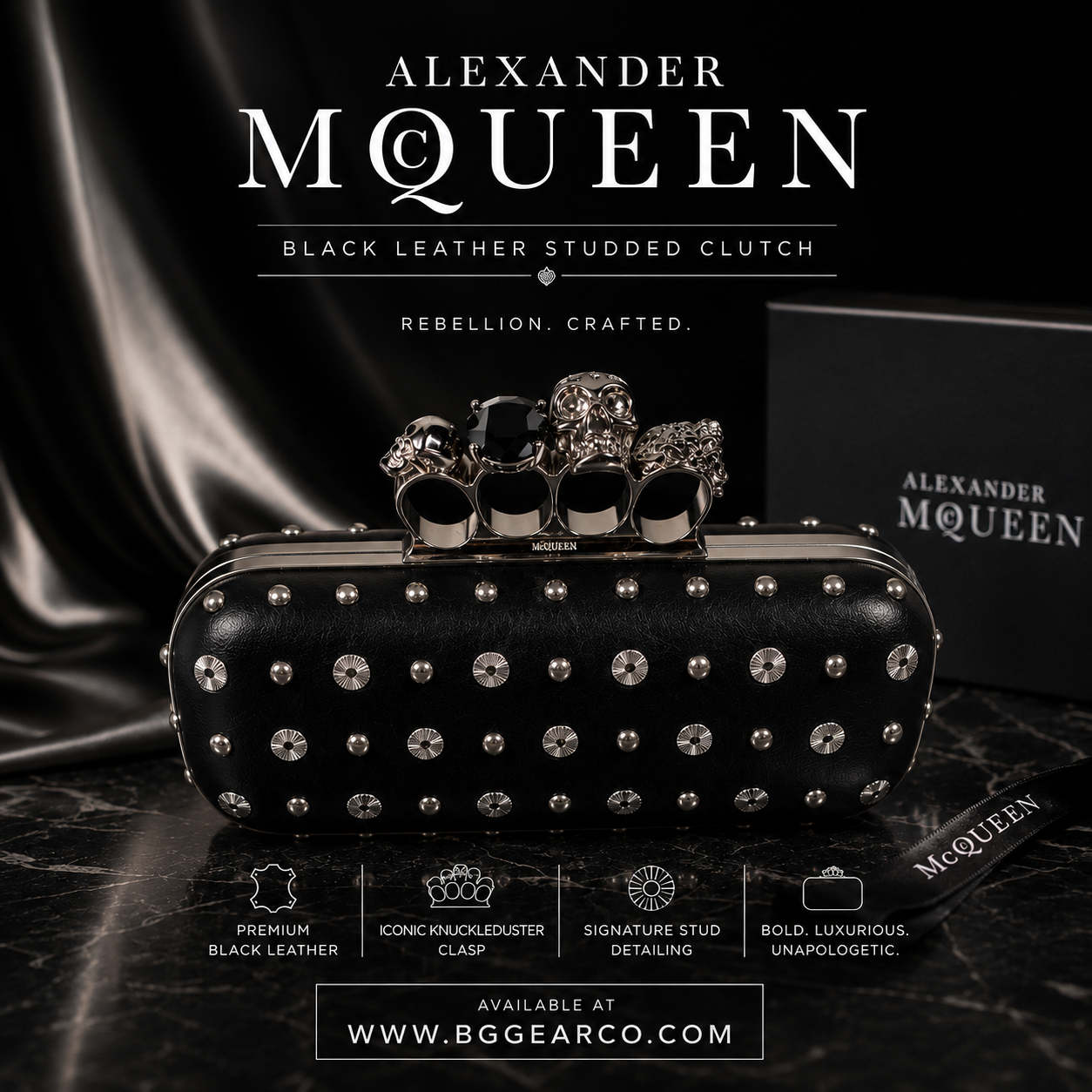 Alexander McQueen Black Leather  Clutch with Skull Handle