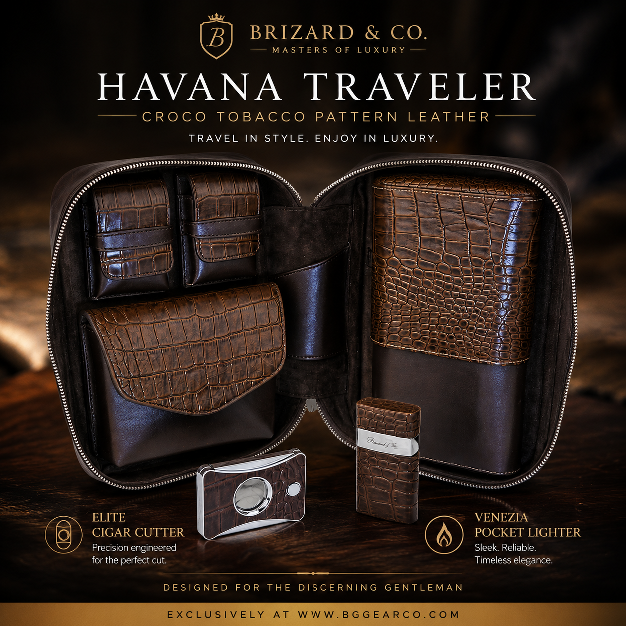 Brizard and Co Croco Tobacco Pattern Leather Havana Traveler with cutter and lighter combo
