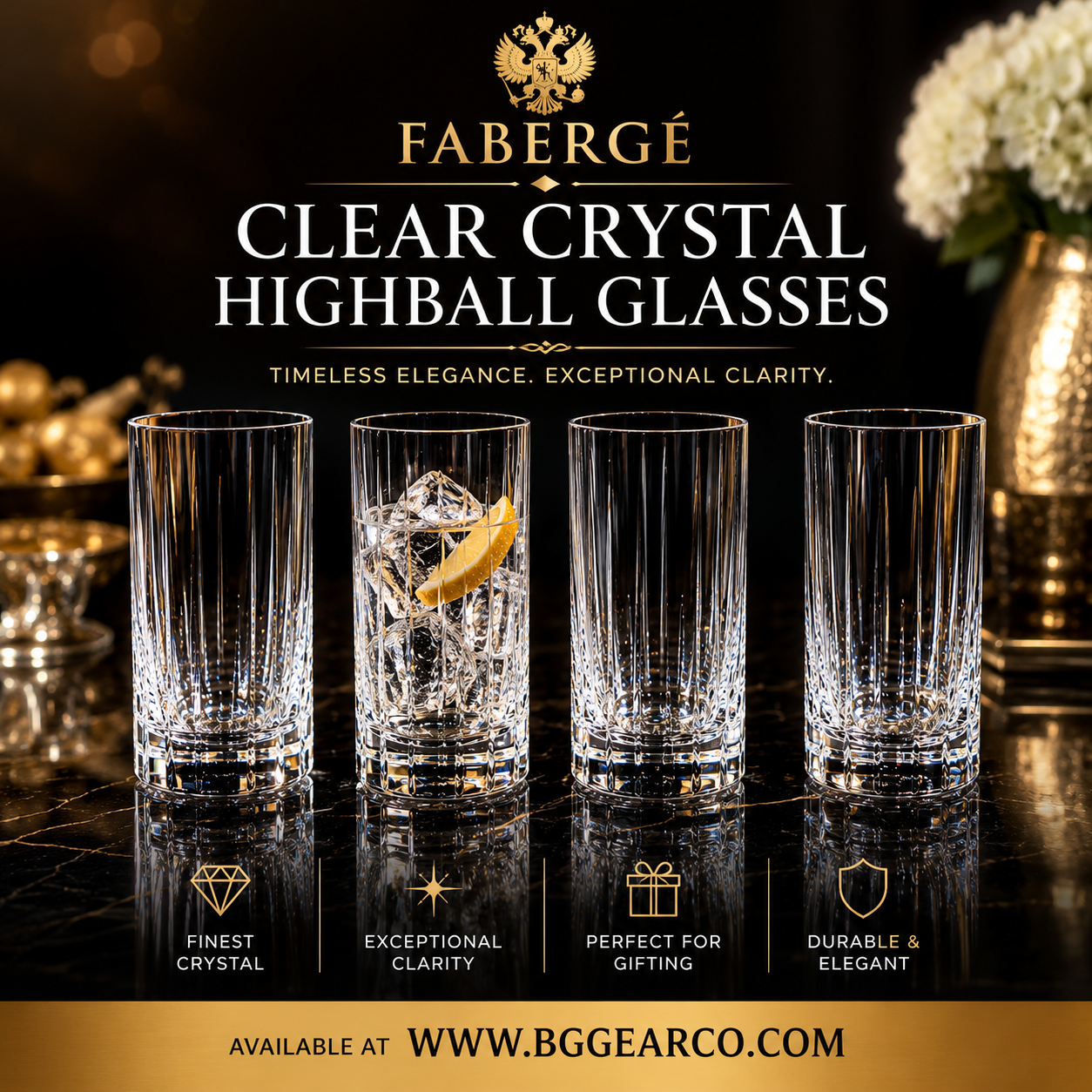 Faberge Atelier Crystal Collection  Highball Glasses set of 4 NIB  5 1/4" H x 2 7/8" W