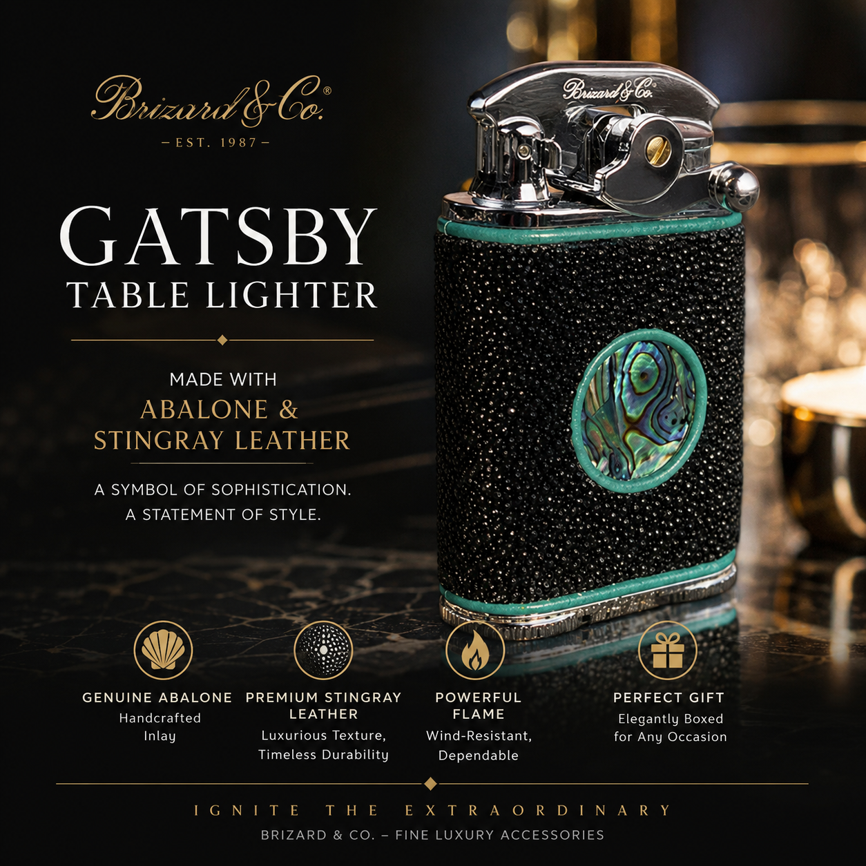 Brizard and Co Gatsby Abalone and  Stingray Leather Table Lighter NIB