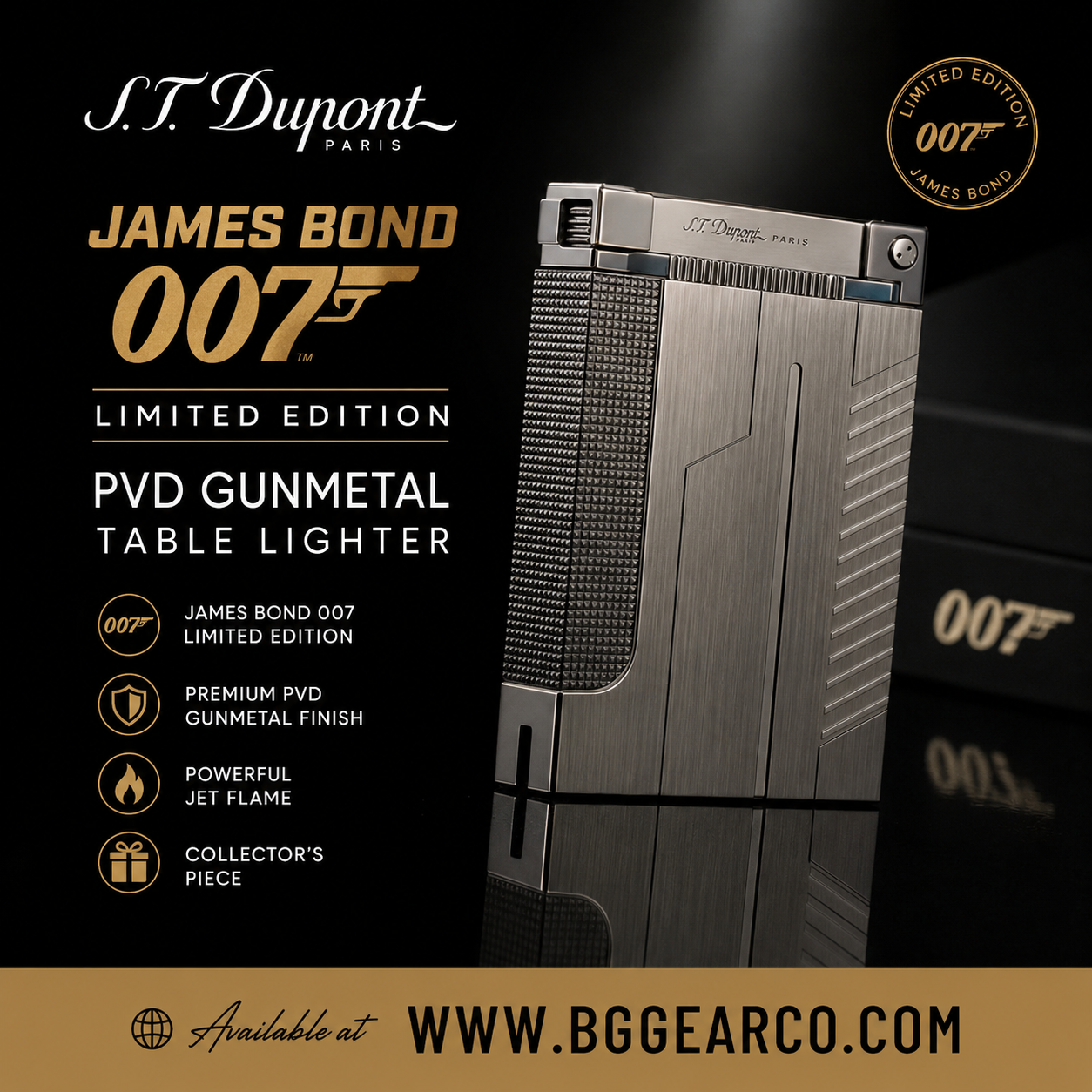 S.T. Dupont James Bond 007 Black Gunmetal Table Lighter ( Empty No Gas )