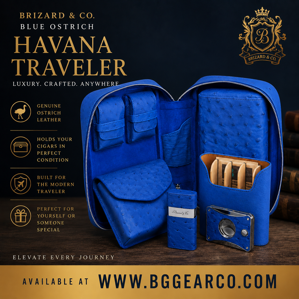 Brizard and Co. Blue Ostrich Havana Traveler with Pouch — Combo (Lighter & Cutter)