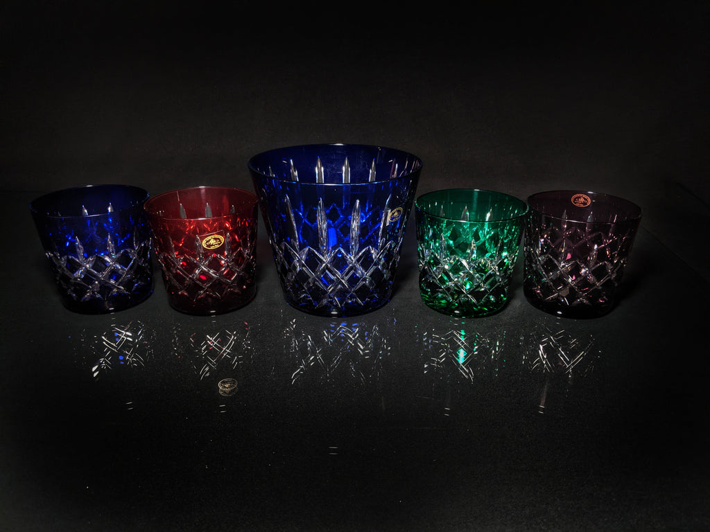 AJKA Colored Crystal Old Fashioned Glassess with Ice Bucket