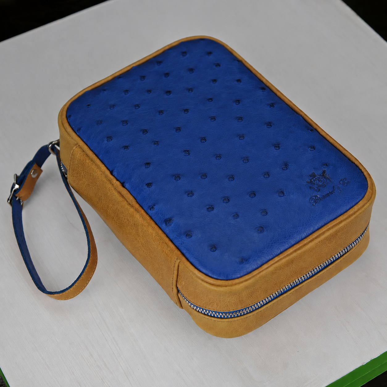 Brizard and Co Blue Ostrich and Camel Leather Havana Traveler Combo