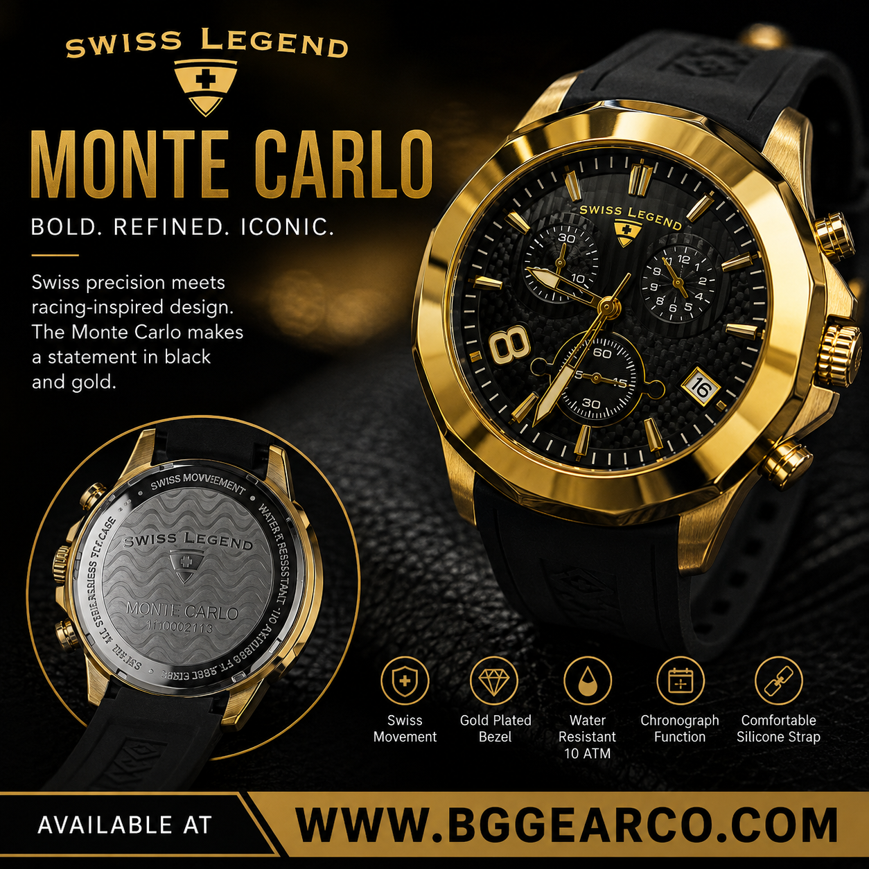 Swiss Legend Monte Carlo Black Dial and Gold plated Bezel  Watch