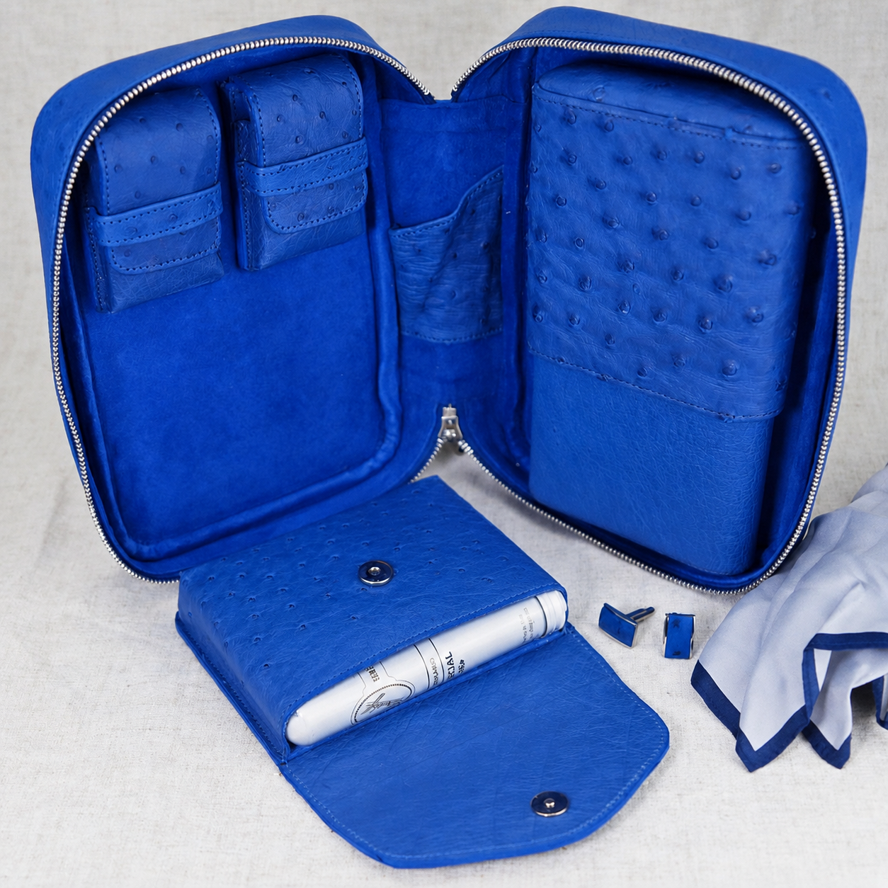 Brizard and Co. Blue Ostrich Havana Traveler with Pouch — Combo (Lighter & Cutter)