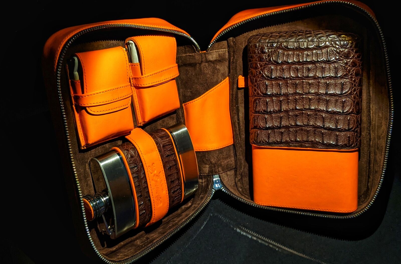 Brizard and Co Brown Caiman and Orange Leather Traveler NIB