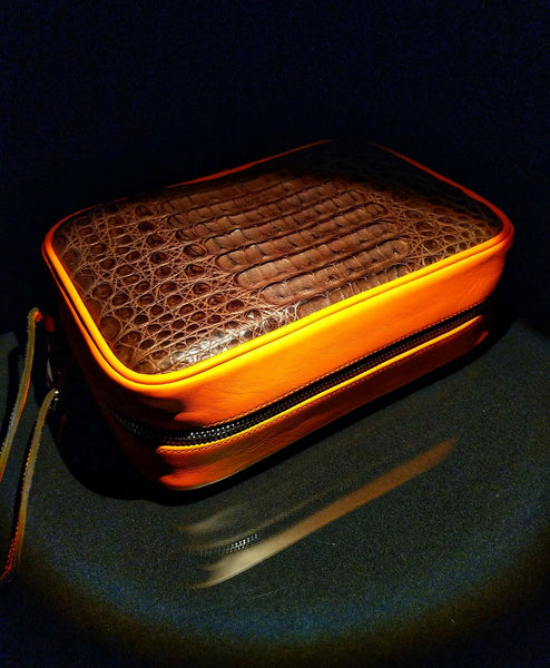 Brizard and Co Brown Caiman and Orange Leather Traveler