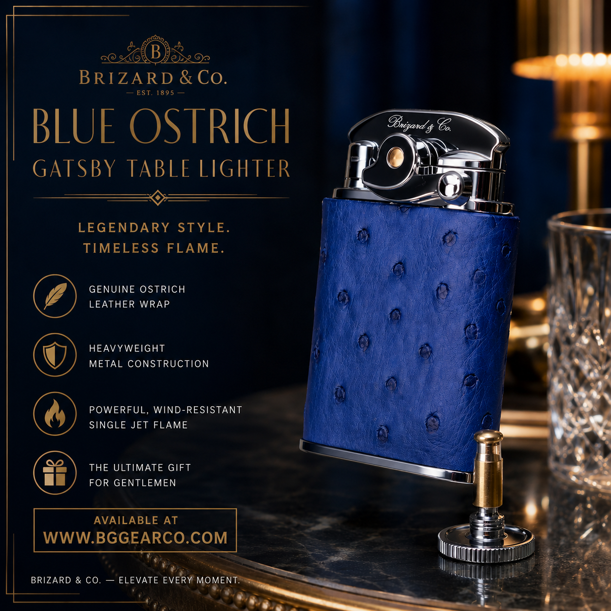 Brizard and Co. Gatsby Table Lighter — Blue Ostrich, New in Box