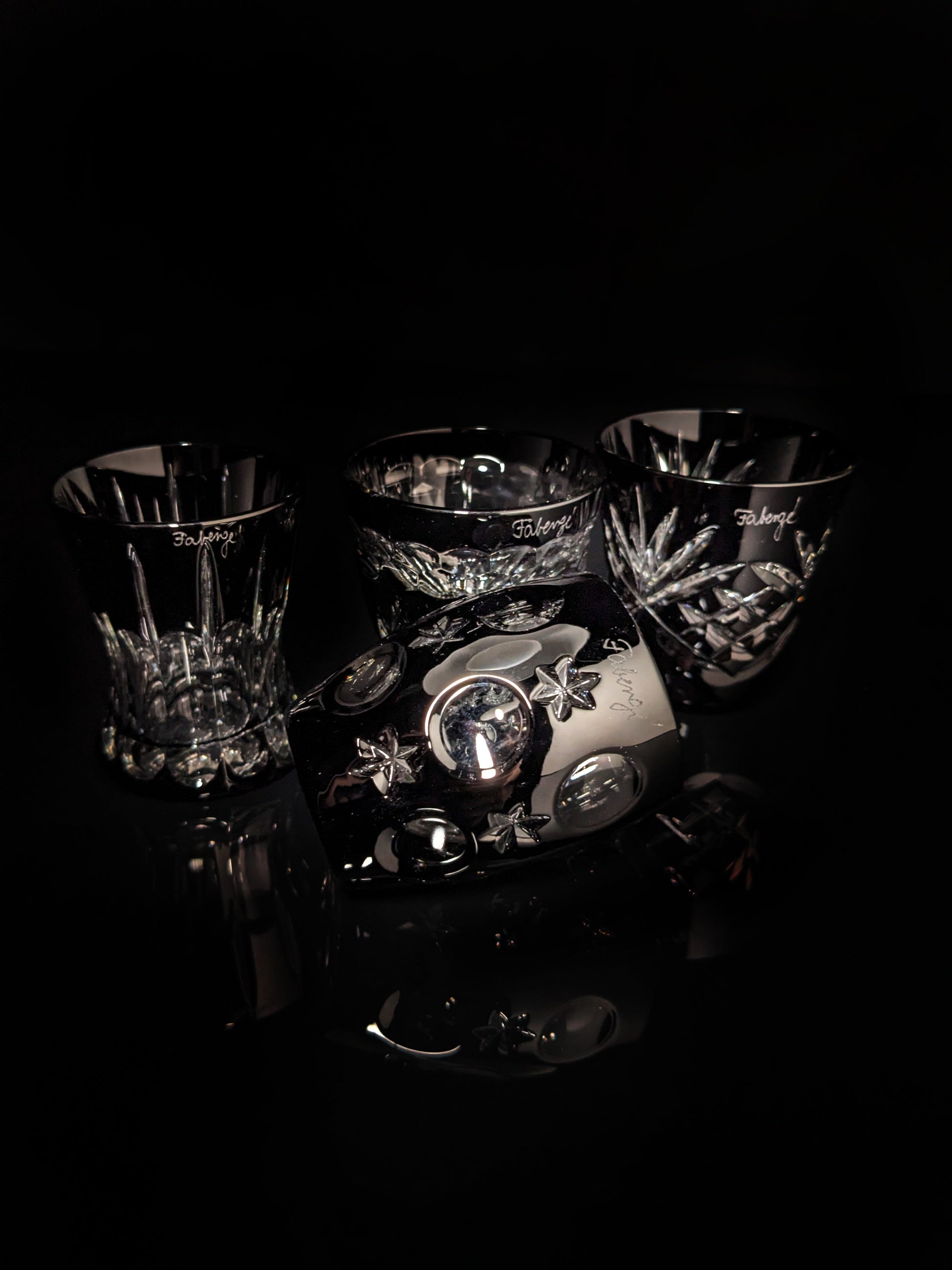 Faberge black crystal shot glasses