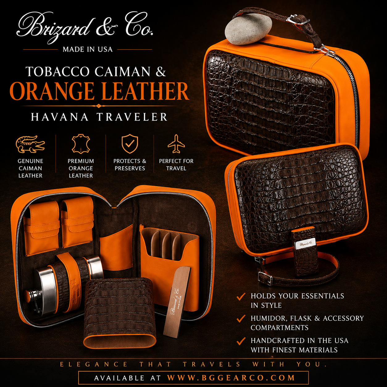 Brizard and Co Brown Caiman and Orange Leather Traveler NIB