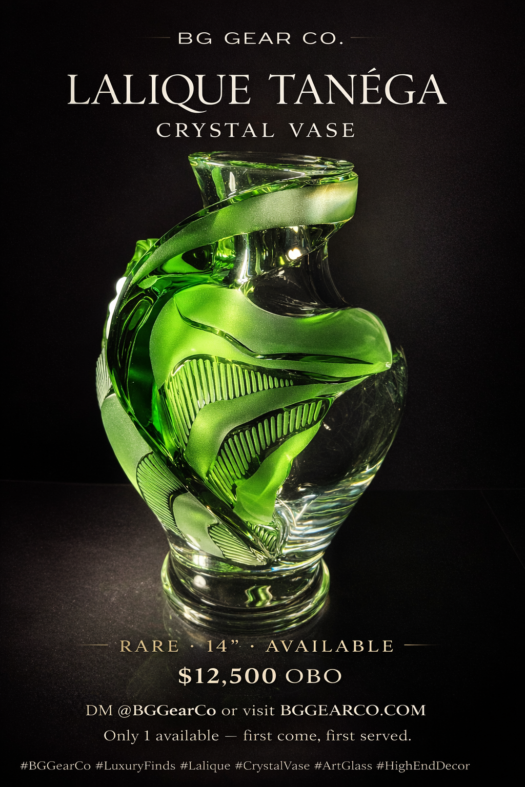 Lalique Tanega 14" Emerald Green Vase