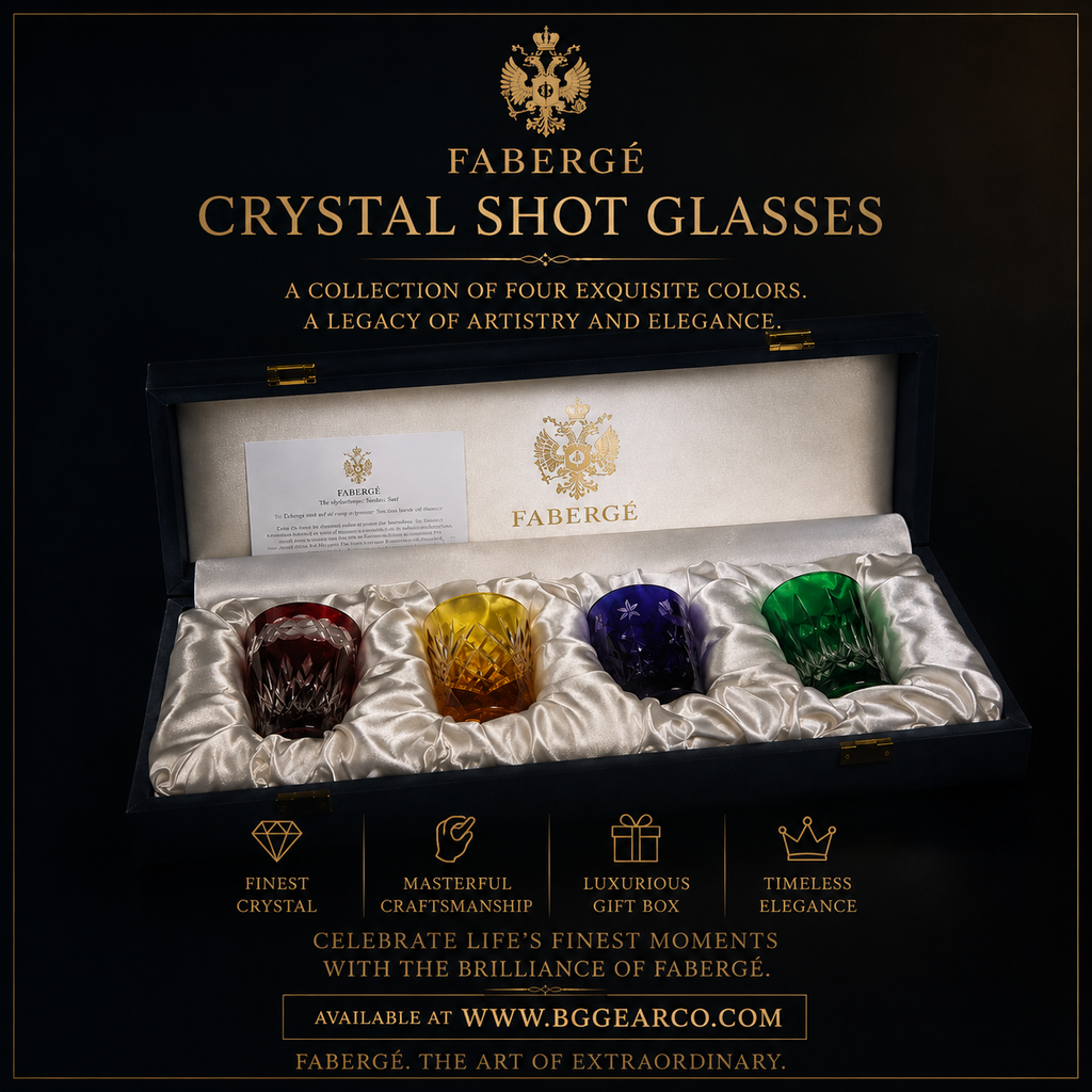 Fabergé Crystal Colored Cut-to-Clear Shot Glasses NIB — Red, Amber, Purple & Green Set of 4 (II)