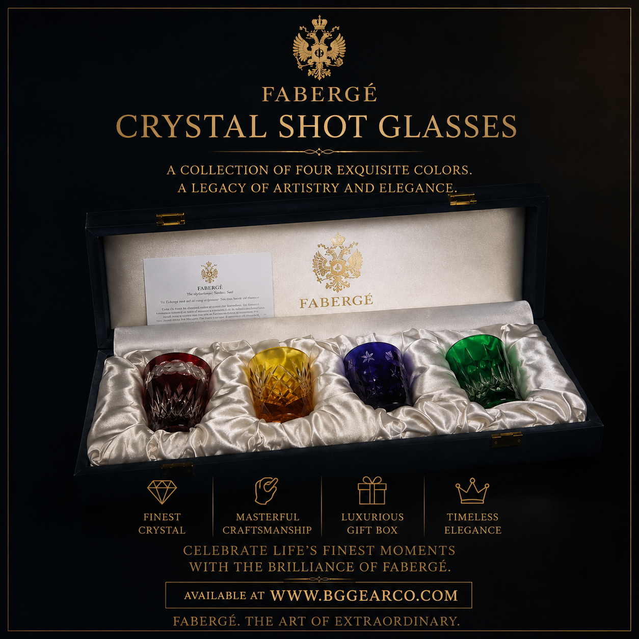 Faberge Crystal Colored Shot Glasses NIB