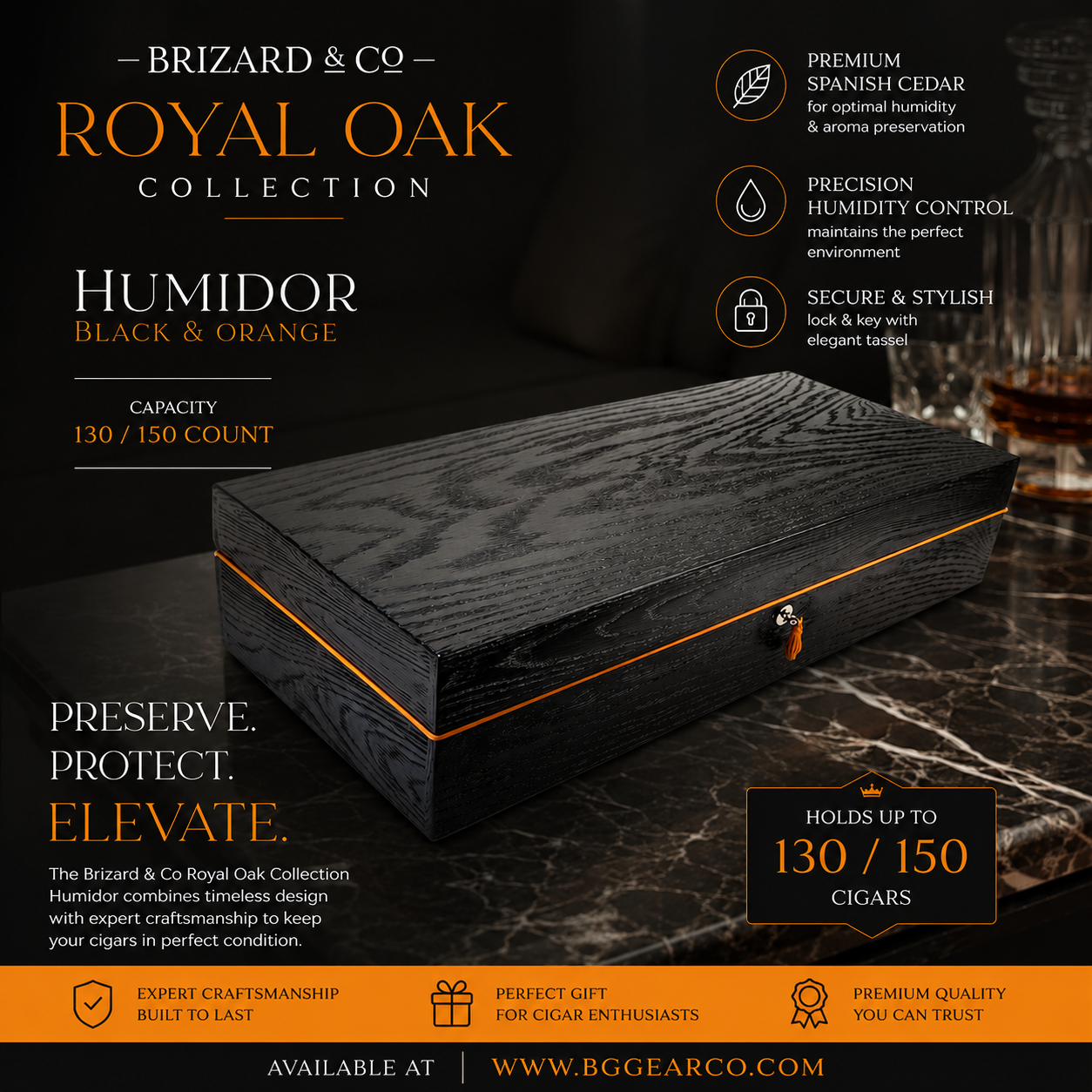 Brizard and Co Royal Oak Collection Black and Orange Humidor 130 / 150 count