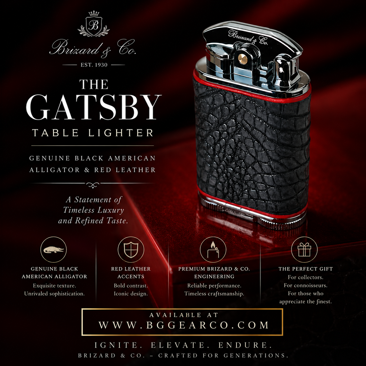 Brizard and Co. Gatsby Table Lighter — Black Genuine Alligator & Red Leather, New in Box