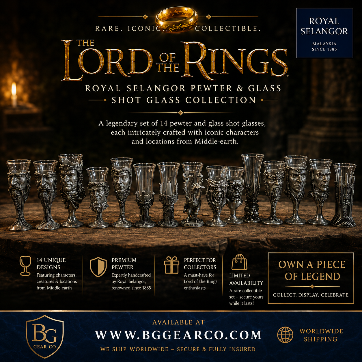 Royal Selangor Lord of Rings  Pewter  Shot Glasses   Set of 15