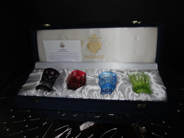 Fabergé Crystal Multicolored Shot Glasses NIB — Black, Red, Blue & Green Set of 4