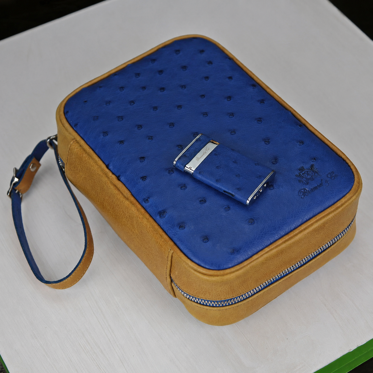 Brizard and Co Blue Ostrich and Camel Leather Havana Traveler Combo