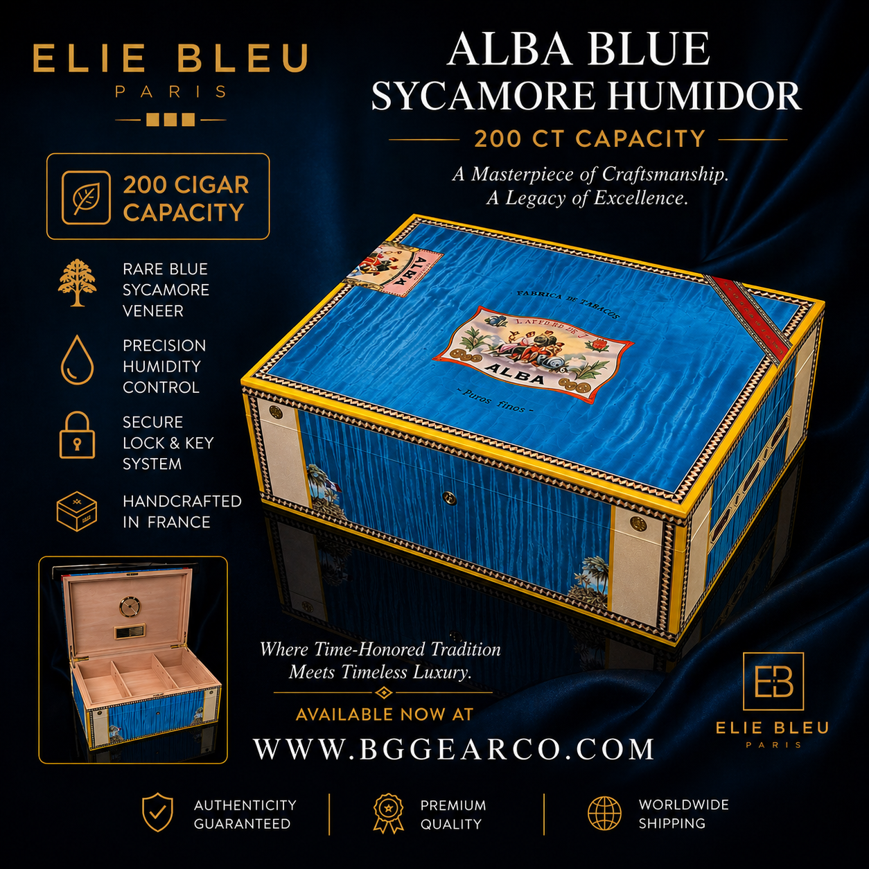 Elie Bleu Alba Blue Sycamore Humidor 200 ct.