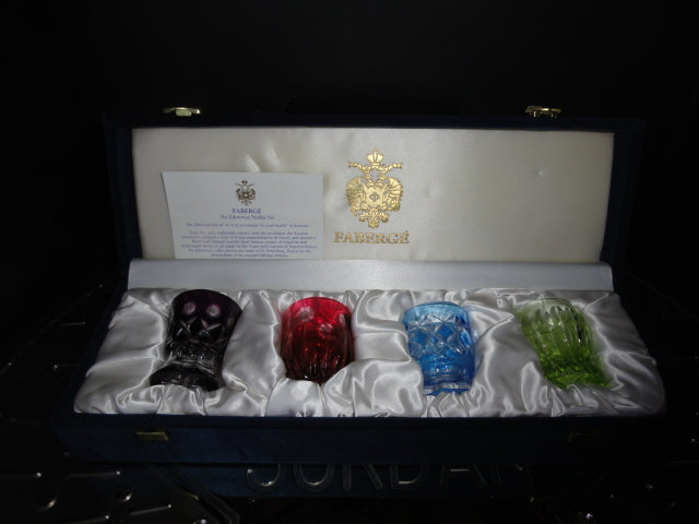 Fabergé Crystal Multicolored Shot Glasses NIB — Black, Red, Blue & Green Set of 4