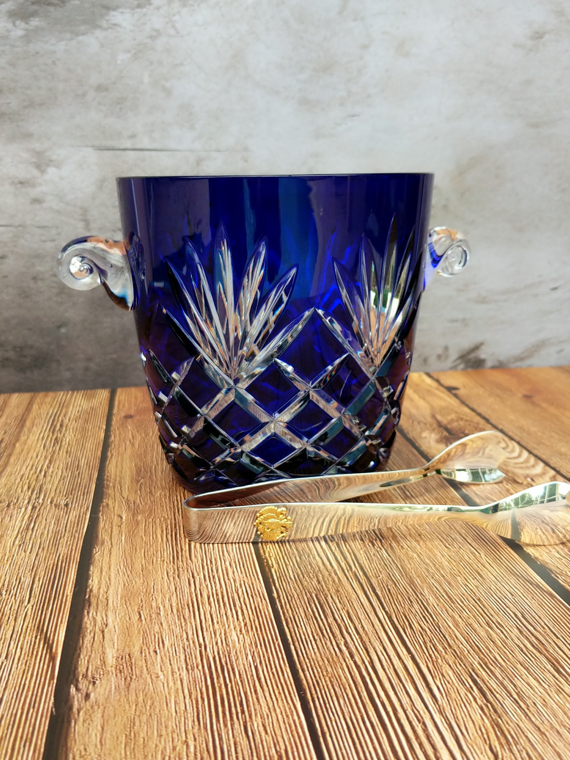 Faberge Odessa Cobalt Blue Cased Cut to Clear Crystal Ice Bucket