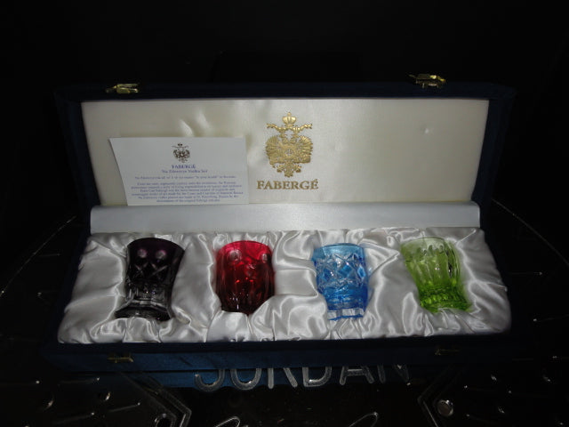 Fabergé Crystal Multicolored Shot Glasses NIB — Black, Red, Blue & Green Set of 4