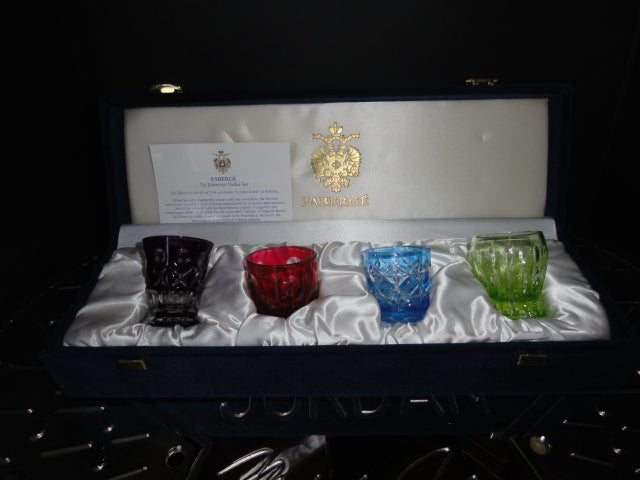 Fabergé Crystal Multicolored Shot Glasses NIB — Black, Red, Blue & Green Set of 4