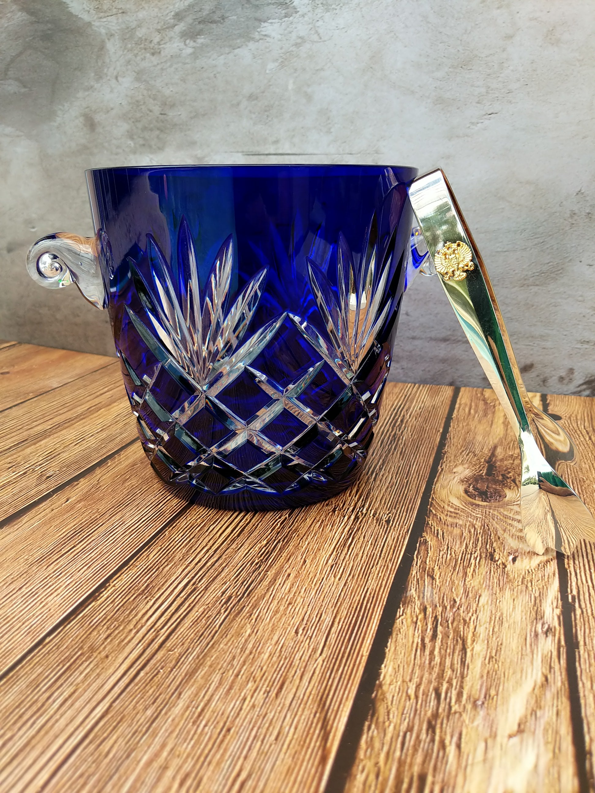 Faberge Odessa Cobalt Blue Cased Cut to Clear Crystal Ice Bucket