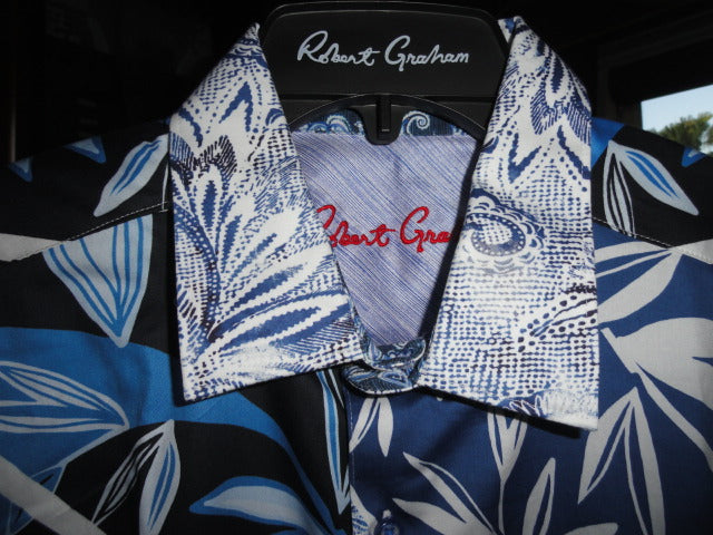 Robert Graham Blue Palm Short Sleeve Shirt Size 2XL NWTS