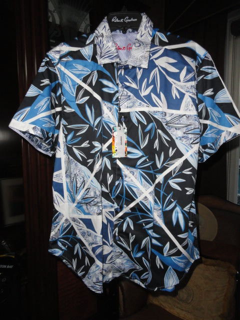 Robert Graham Blue Palm Short Sleeve Shirt Size 2XL NWTS